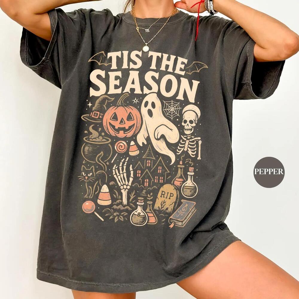 Retro Y2K Tis The Season Skeleton Pumpkin Ghost Womens Halloween T Shirt